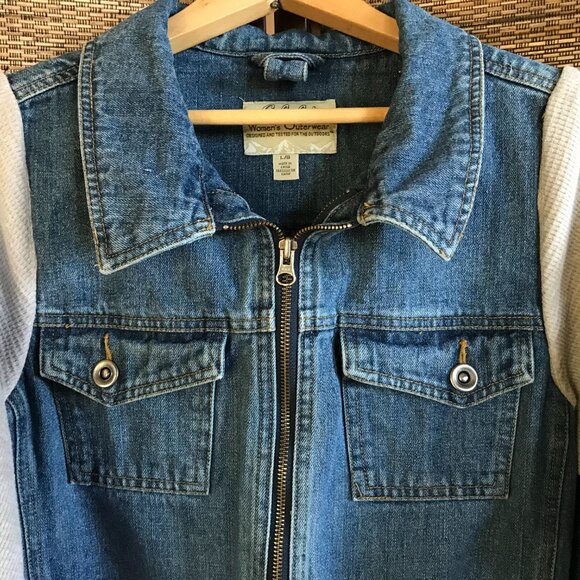 Upcycled Denim Jacket, Size M: Nature Wanderer Patches, Waffle Knit Sleeves - Picture 6 of 12